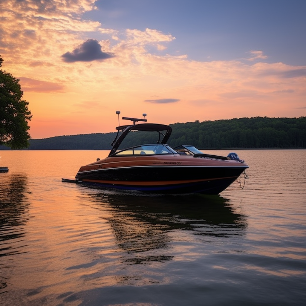 Wake boat from Boat Rental in Nashville, cruising on Percy Priest Lake at sunset.