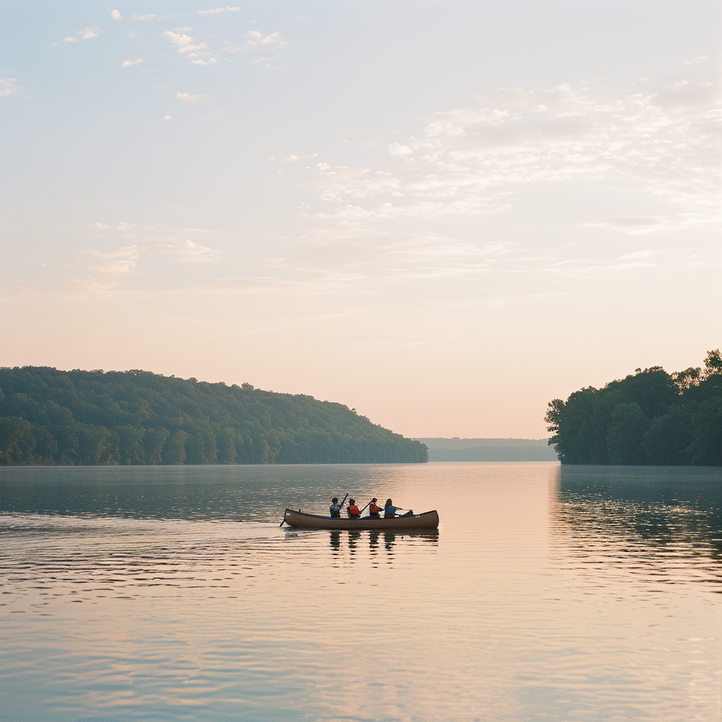 Teenagers boating on a scenic lake, illustrating active community engagement