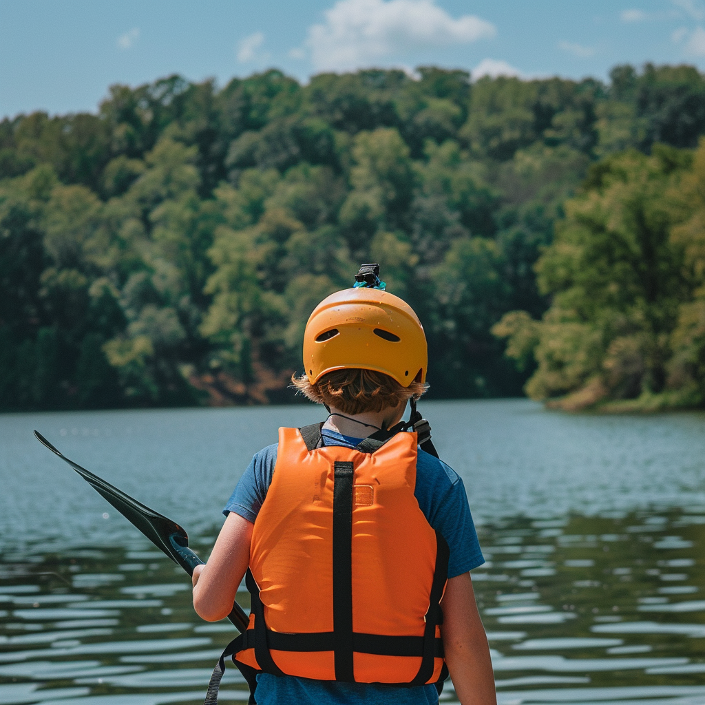 Teenager in safety gear ready for outdoor education kayaking activity