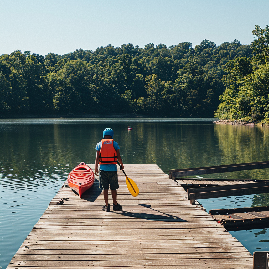 Teenager ready for kayaking, showcasing fun outdoor games for teenagers at Percy Priest Lake