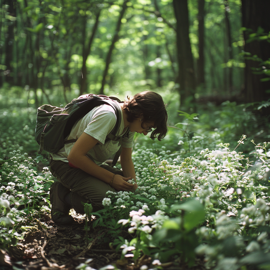 A child examining wildflowers on a trail at Radnor Lake in Nashville, focusing on details of the Great Outdoors.
