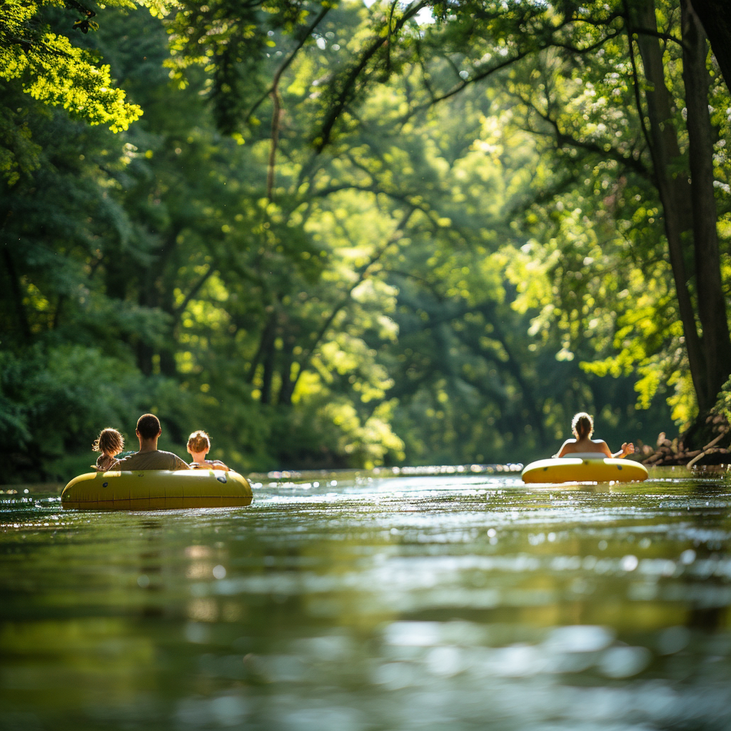 A family tubing on the Harpeth River, enjoying the water activities Nashville offers in a lush green setting.