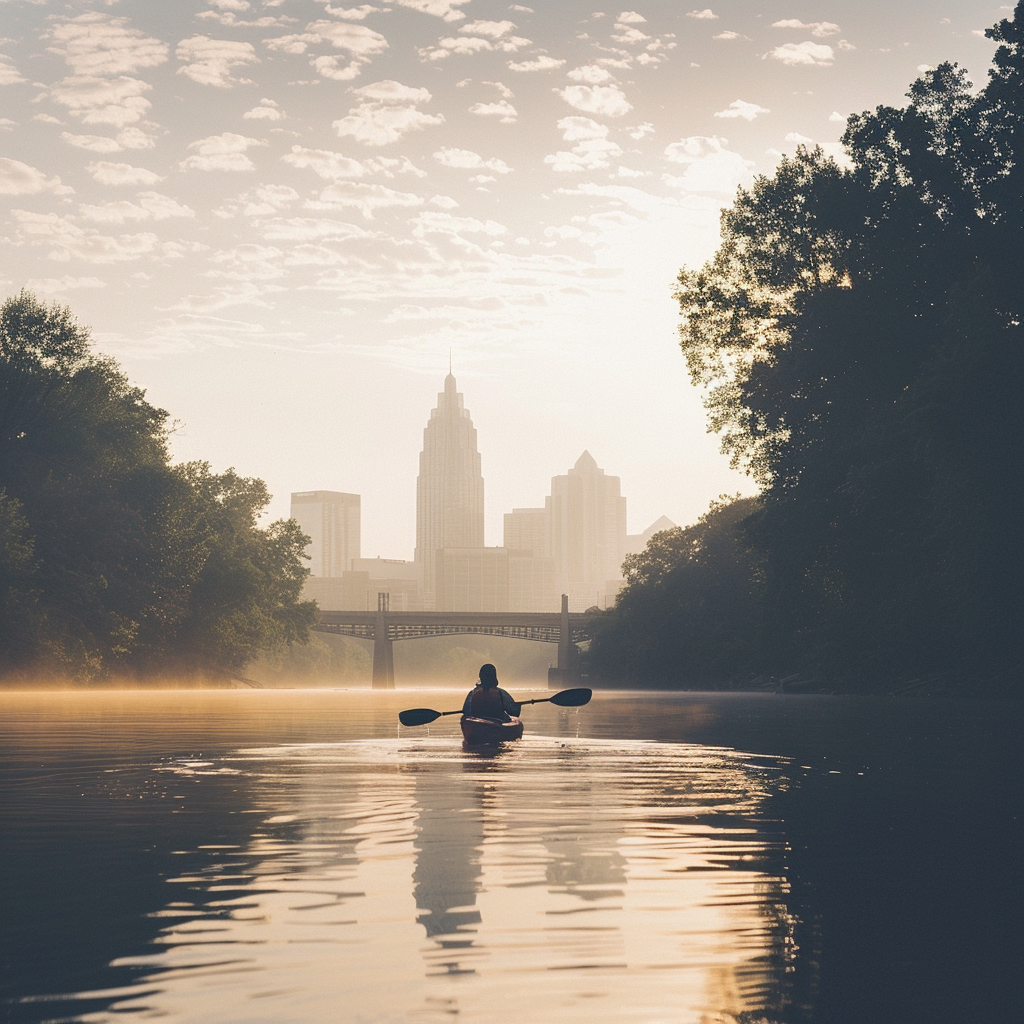 A lone kayaker on the Cumberland River, showcasing water activities in Nashville TN with the city skyline in the background.