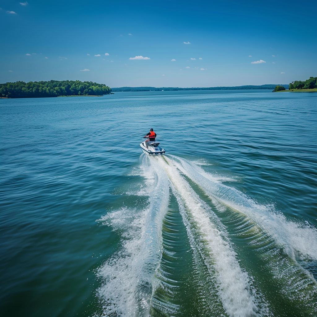 A jet skier races across Percy Priest Lake, epitomizing the thrill of Nashville water activities.