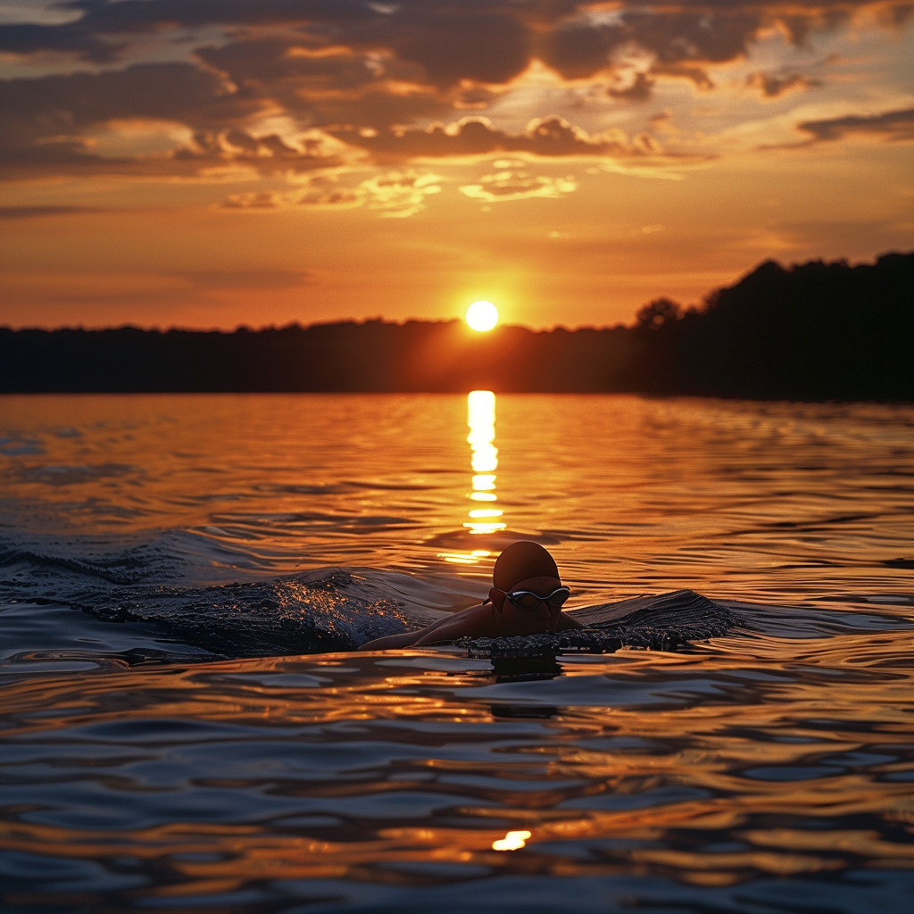 A swimmer in a bright cap swimming the freestyle stroke at sunrise on Percy Priest Lake, Nashville.